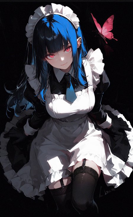 masterpiece, best quality, good quality, very awa, very aesthetic, absurdres, newest, 1girl, solo, long hair, breasts, looking at viewer, smile, black hair, long sleeves, gloves, red eyes, dress, thighhighs, closed mouth, jewelry, sitting, blue hair, sidelocks, earrings, frills, necktie, black gloves, pointy ears, puffy sleeves, black thighhighs, blunt bangs, pink eyes, black dress, apron, maid, maid headdress, shadow, from above, garter straps, black background, looking up, bug, juliet sleeves, ear piercing, white apron, butterfly, maid apron, frilled apron, collared dress, dark, white headdress, k4_illu <lora:noobai_ep11_stabilizer_v0.138_fp16:0.35> <lora:ponyv6Noobe112Adamw.9Eti:0.7> <lora:96YOTTEA-WAI:0.8> <lora:ka_marukogedago:0.8>