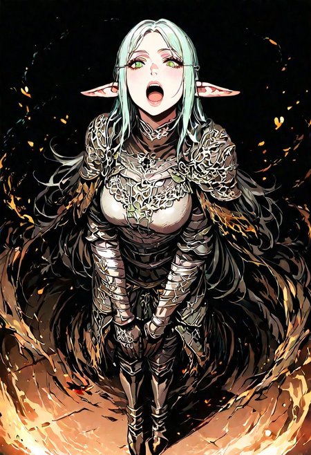 1girl, elf girl, armor, dark souls, teeth, lips, thin lips, solo, looking at viewer, open mouth,   masterpiece, best quality, very aesthetic,  full body,