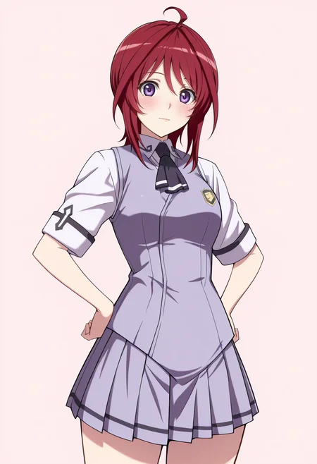 masterpiece, best quality,
1girl, solo, cowboy shot, 
standing, hand on own hips,
looking at viewer, blush, light smile, 
<lora:Mafuyu_Oribe:1> M4f0y00r0b3, short hair, red hair, ahoge, purple eyes,  
school uniform, pleated skirt, vest, short sleeves, skirt, ascot, 
pink background, simple background,