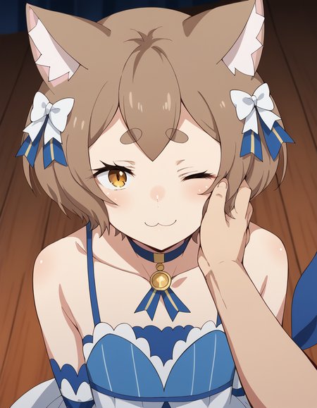 score_9, score_8_up, score_7_up, source_anime, <lora:felix-argyle-s3-p1-ponyxl-lora-nochekaiser:1>, felix argyle, short hair, bangs, brown hair, bow, animal ears, hair bow, male focus, cat ears, eyelashes, bob cut, thick eyebrows, white bow, otoko no ko,, dress, bare shoulders, collarbone, jacket, tail, pantyhose, detached sleeves, choker, striped, blue dress, vertical stripes, crossdressing, frills, skirt,, arena, seats, stage, event, audience, smile, <lora:guided-hand-on-cheek-ponyxl-lora-nochekaiser:1>, guided hand on cheek, hand grab, hand on another's cheek, hand on another's face, looking at viewer, pov, pov hands, smile, blush, one eye closed, caress, caressing cheek, looking at viewer, solo,, dutch angle, cowboy shot