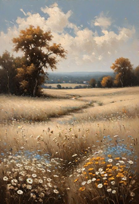 wildflower field landscape, vintage oil painting, antique landscape, country field autumn wall, no bold color, muted neutral, beige color theme with light blue and cream accents --ar 16:9 --style raw --stylize 250