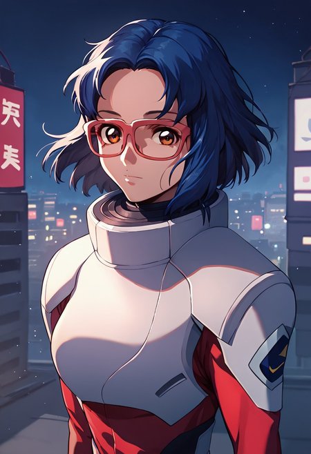 score_9, score_8_up, score_7_up,city view, 1 female,night view, moonlight,juriwunien, brown eyes, blue hair, short hair, glasses, pilotsuit