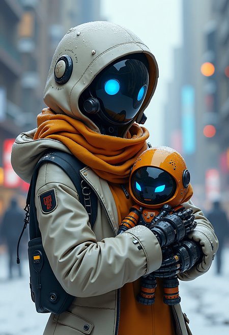 female robot hooded, scarf, jacket, holding cute robot in arms,  background snowy city, style biomechanical