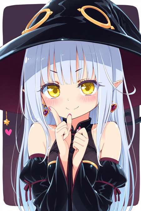 masterpiece, best quality, 1girl, solo, eyelashes, (beautiful eyes),    ,<lora:HomuraSubaruIXL_v1:1.0>,    1girl, blush, detached sleeves, earrings, female focus, hat, heart, heart earrings, jewelry, lillian (homura subaru), lillian ljungstrom, long hair, looking at viewer, nail polish, original, pointy ears, silver hair, smile, solo, upper body, witch, witch hat, yellow eyes