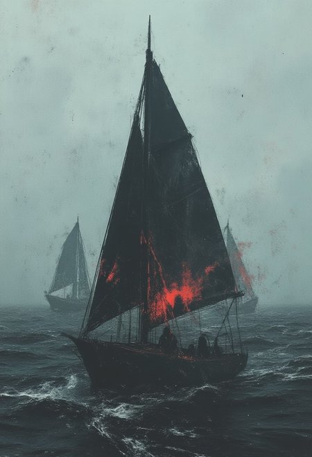 dark digital art of a sailboat in heavy sea, surreal and abstract, kraken tentacles coming out of water, attacking ship, eerie atmosphere, thick fog