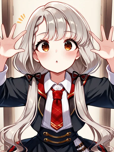 masterpiece,best quality,very aesthetic,absurdres,highres,newest,
hskwng blackdress,hisakawa nagi, asymmetrical bangs,belt,belt buckle,black belt,black dress,black ribbon, blush,braid,buckle, collared shirt,dress, eyelashes,brown eyes,grey hair, hair ribbon,long hair,long sleeves,low twintails, necktie,parted lips,plaid necktie,red necktie, red sailor collar,ribbon,sailor collar,shirt,
eye_focus,<lora:eye_focus:1>,
<lora:idolmaster_hisakawa_nagi_idoloutfit_ill_v1.0:1>,