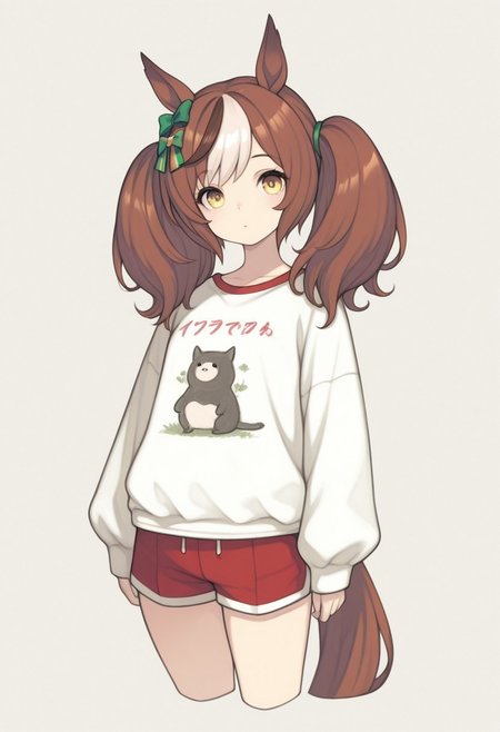masterpiece, painting \(medium\), best quality, absurdres, newest, very aesthetic, amazing quality, highres,
BREAK, 
1girl, solo, animal ears, horse ears, horse girl, brown hair, long hair, horse tail, tail, multicolored hair, looking at viewer, shorts, long sleeves, simple background, twintails, cropped legs, shirt
BREAK,
 kemonomimi mode, HR-Illu