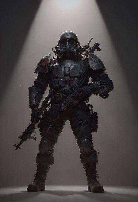 score_9, score_8_up, score_8_up, sci fi trooper, holding massive sci fi rifle, grimdark, 40k, gas mask,  grey gritty solder helmet, ww1 inspired, spotlight, grimdark armor, metal chest piece, metal vest, axe on back, imperium, grimdark, gritty, ((Huge gun))