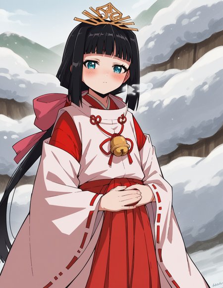 score_9, score_8_up, score_7_up, source_anime, <lora:nigewaka-shizuku-s1-ponyxl-lora-nochekaiser:1>, shizuku, long hair, bangs, blue eyes, black hair, blunt bangs,, japanese clothes, bell, miko, skirt, long sleeves, ribbon, wide sleeves, red ribbon, ribbon trim, hakama, hakama skirt, jingle bell, ribbon-trimmed sleeves, miko, red hakama,, snow day, winter clothes, snowball fight, laughter, cold breath, white landscape, , looking at viewer, hand on stomach, blush,, solo,, cowboy shot, dutch angle