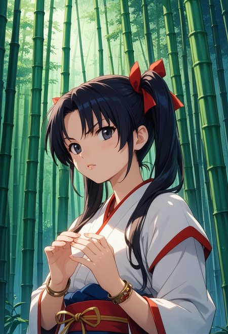 score_9, score_8_up, score_7_up, score_6_up, source_anime, 1990s \(style\), highly detailed character, Ennochiaki XL,black eyes,bangs, twintails, jewelry, bracelet, long hair, black hair, ribbon-trimmed sleeves, japanese clothes, very detailed hands, beautiful face, glossy lips, sensual, masterpiece, best quality, detailed background, intricate detailed backround, highly detailed hair, fine skin, night, outdoors, thick bamboo forest, dynamic lighting, dutch-angle, handing a hand-full of ofuda, looking at viewer, angry expression, dynamic attack pose, (((ambient light through bamboo thicket)))