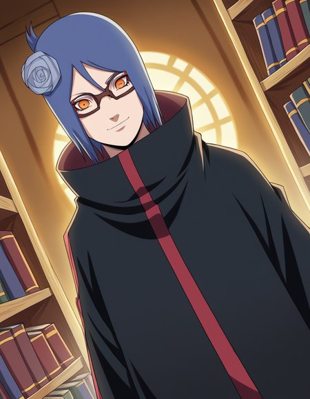 score_9, score_8_up, score_7_up, source_anime, <lora:konan-shippuden-anime-ponyxl-lora-nochekaiser:1>, konan, short hair, hair ornament, blue hair, flower, hair flower, orange eyes,, coat, cloak, black coat, black cloak, akatsuki uniform, akatsuki (naruto), labret piercing, eyeshadow,, library, reading books, glasses, quiet, focused, shelves of books, smile, looking at viewer, arm straight out in front, solo,, cowboy shot, dutch angle