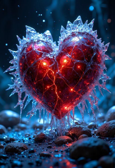 A close-up of a heart encased in ice, but the heart is still beating slowly. The ice around it is thick and transparent, with intricate frost patterns spidering out from its center. Inside the heart, faint blue and silver lights pulse with each beat, illuminating the cold, crystalline structure. Tiny cracks form and disappear with every pulse, as if the heart is trying to break free. The background is a deep, midnight blue, dotted with faint, ghostly light sources, enhancing the cold and isolated atmosphere. This concept symbolizes resilience and strength encased within vulnerability.