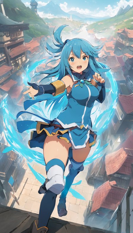 concept art Cinematic scene, hero view, Aqua, Konosuba <lora:aqua_xl_v1:1>, action pose, detailed background, masterpiece, best quality, high quality, highres, absurdres  . digital artwork, illustrative, painterly, matte painting, highly detailed