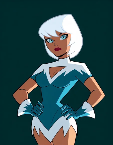 icedc, white hair, 1girl, short hair, blue eyes, solo, lipstick, breasts, cleavage cutout, makeup, cleavage, blue dress, blue gloves, fur boots <lora:IceDCIllustrious1.0JLFO:1> simple background, looking at viewer, hand on own hip, cowboy shot,