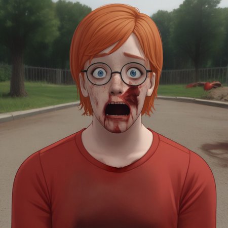 Outdoors,basement,looking at viewer, scared, shocked, sad look,1man,ugly face,skinny, glasses, ginger bob hair,blue eyes, red t-shirt, freckled face,Gorecore,horror,gore,disturbing,death,blood,murder,dismembered,slasher imagery,violence,red