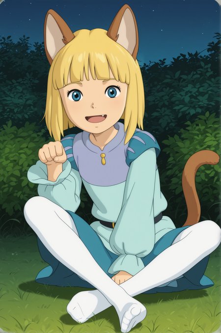 ghibli style, screencap, 
1boy, evan, shorty, skinny, animal ears, blonde hair, blue eyes, medium hair, blunt bangs, parody, cat tail, white tights, looking at viewer,  one paw pose, sitting on grass, open mouth, happy, fang, foot, 
garden, bushes, evening,