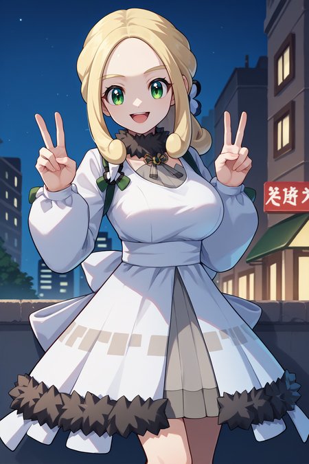 score_9, score_8_up, score_7_up, score_6_up, source_anime, 1girl, solo, <lora:pkmnviola-pdxl-nvwls-v1-000004:1> holVla, blonde hair, green eyes, parted bangs, low ponytail, hair ornament, fur collar, white coat, grey dress, long sleeves, fur trim, city, looking at you, happy, peace sign, night, big breasts
