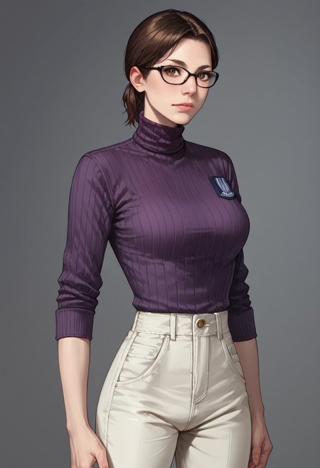 score_9, score_8_up, score_7_up, score_6_up, source_realistic, BREAK 1girl, solo, ninataylor, brown hair, short ponytail, brown eyes, glasses, purple turtleneck, uniform pants,