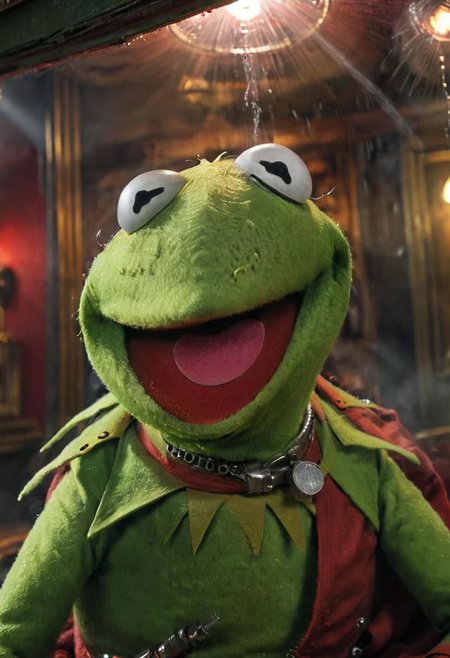 Super Closeup Portrait, action shot, crazy laughing, dystopian bdsm Kermit, drunk, Holding crack pipe in Air, in Cozy messy red corduroy bed, rainy hyrule through Window, 80s DARK dystopian Blade Runner Flair, dynamic Scene, very detailed, uhd, masterpiece, light beams