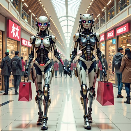 A caricature of two cyborg women walking through a shopping arcade, wearing futuristic headgear, holding shopping bags