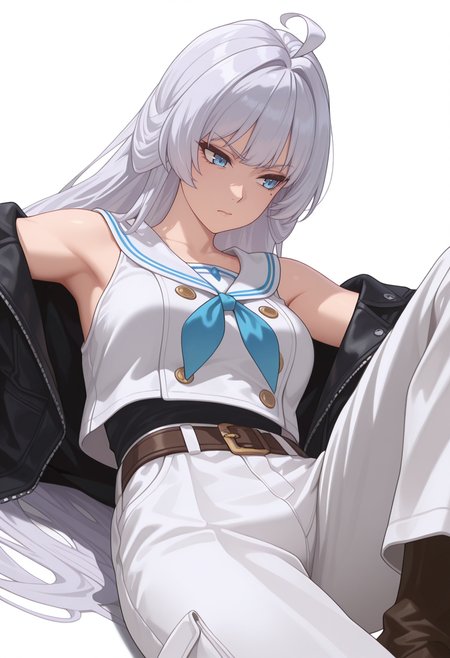 Smooth Quality,masterpiece,very intricate, high quality details, ultra realistic, high detailed skin,detailed enviorement,absurdres,
simple background, white background, 
dynamic angle,reclining, one leg over other, arm on backrest, calm, composed,  ,disgust,
double-breasted jacket,  ,sailor shirt,  ,jogger pants,  ,
 <lora:Crylet_Kureha_cnn:0.8>kurehacnn,1girl,bangs, blue eyes, ahoge, mole,  bare shoulders, grey hair, very long hair,