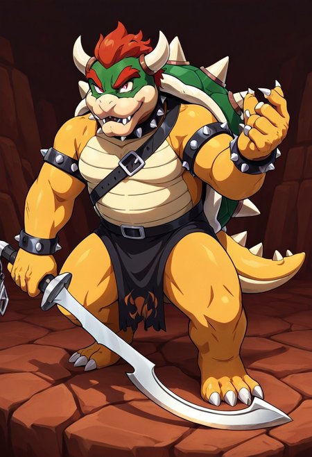 masterpiece, best quality, newest, absurdres, highres, anime, anime style, holding sword, holding weapon, holding, KHV1.0, khopesh, sword, weapon, 1boy, bowser, spikes, spiked shell, spiked tail, spikes, turtle shell, horns,