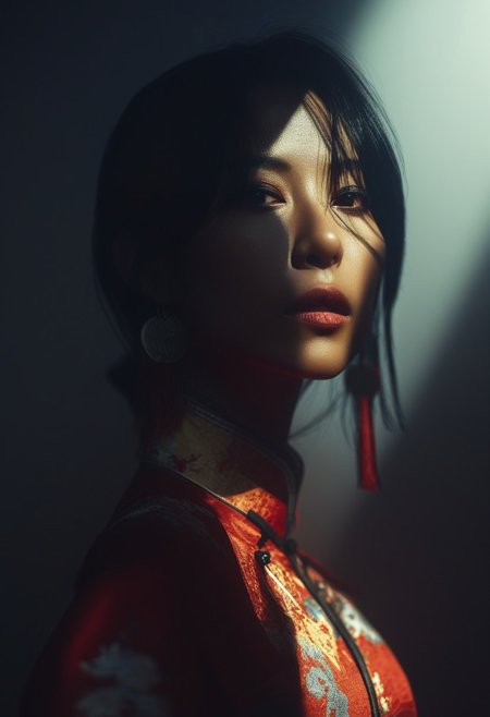 cosplay, european woman, black hair, ethnic clothing, cinematic lighting