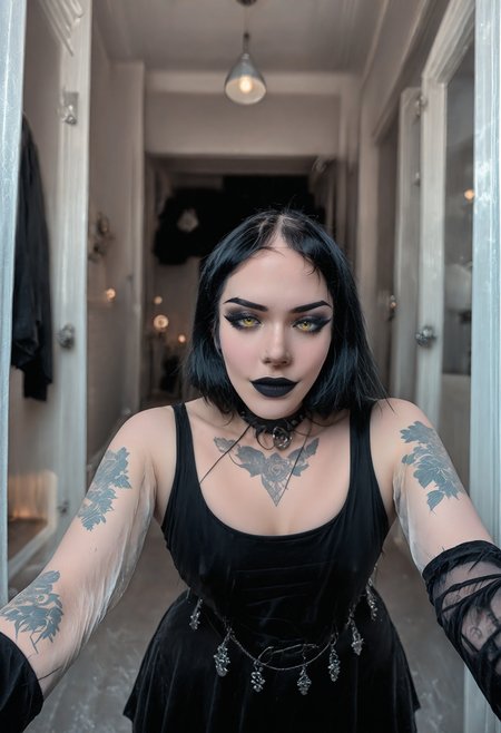 <lora:Thicc_Goth_Gf:1>photo  thicc goth gf, tattooed thick gothic woman, 1girl, golden eyes, Mahogany hair, subsurface scathering, depth of field, skin pores, detailed skin, masterpiece, best quality, newest, absurdres, highres, feeling, impact, very awa, dim lighting, sidelighting, skindentation, amazing quality, scenery, very aesthetic, newest, volumetric lighting, blending, <lora:add-detail-xl:1> <lora:cfg_scale_boost:1> <lora:sdxl_enhance:1> <lora:spo_sdxl_10ep_4k-data_lora_webui:1>