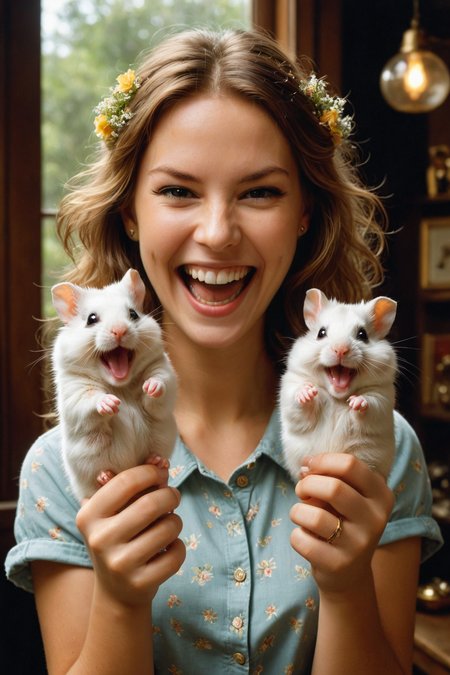 by ((( Tom Lovell ) and Michael Whelan ) and Peter Holme III ) and Anton Otto Fischer , photo of a cute happy woman holding up two cute hamsters while laughing maniacally, dual wielding hamsters <lora:happy:0.25><lora:maniacal_laughter:1.75> <lora:dual_pistols:0.35> <lora:more_art:0.40><lora:faetastic:0.25><lora:midjourney:0.15> <lora:clothing_slider:1>