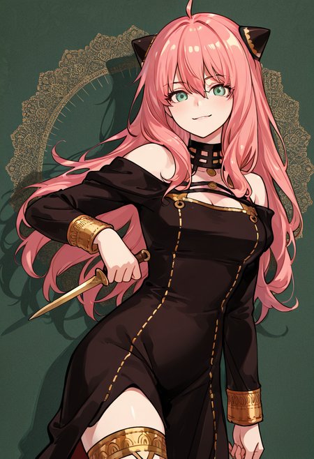 masterpiece, best quality, 1girl, solo, eyelashes, (beautiful eyes),    ,<lora:AdultAnyaIXL:1.0>,  zzAnya, green eyes, hair between eyes, ahoge, pink hair, long hair, hair ornament, hairpods,      poised mid-motion, bold inked lines defining her silhouette, off-shoulder black dress accentuated by intricate cross-hatching, dagger pressed against her thigh, confident smirk, vintage noir aesthetic, floral patterns subtly detailed in stark contrast, sharp hatching (texture), bold lines, high contrast shadows enhancing her striking pose, cowboy shot, reminiscent of a hand-drawn graphic novel