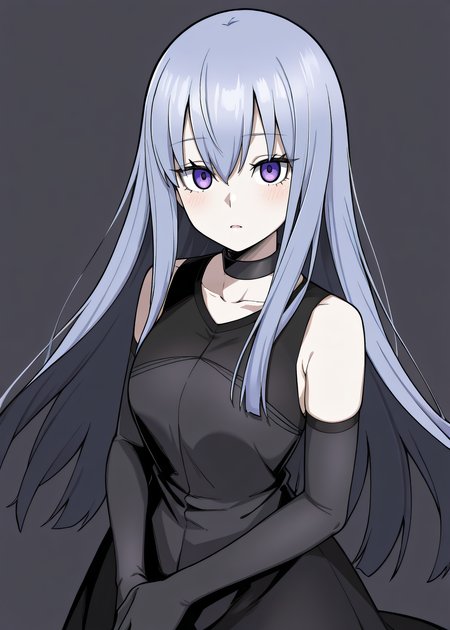 masterpiece, best quality, highres, newest, scenary, 1girl, solo, official style, <lora:Close:1>, liberatorclose, black choker, black sleeveless dress, black elbow gloves, expressionless, looking at viewer, own hands together, blush, open mouth, cowboy shot, simple background