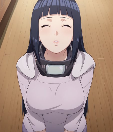 score_9, 1girl,solo,  <lora:Incom_Pony:0.6> incom, closed eyes, facing viewer, parted lips,from above, cowboy shot,large breasts, <lora:Hinata_Pony_XL:0.9> ,(hinata, hyuuga hinata, purple eyes, blunt bangs, black hair)