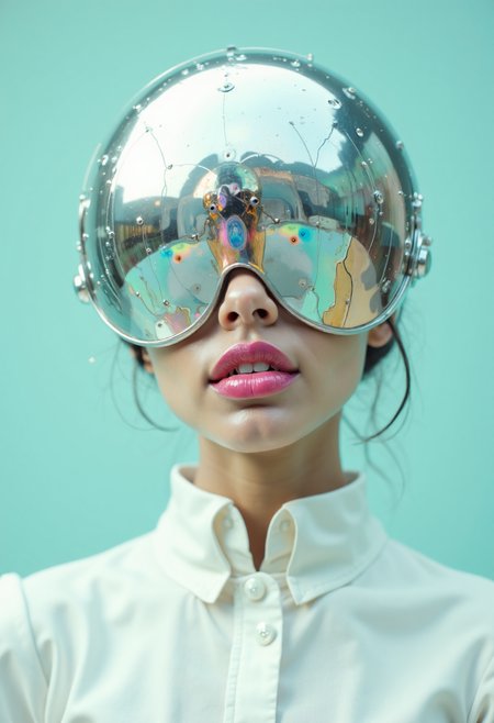 iphone photo The image depicts a woman with a reflective b10t4c34an, iridescent exoskeleton silver helmet covering her face, wearing a white collared shirt and pink lipstick. The background is a light teal color.
The woman's face is obscured by a shiny silver helmet that reflects the surrounding environment. Her lips are painted bright pink, and she wears a crisp white collared shirt with a high neckline. The background of the image is a soft light teal color, which provides a subtle contrast to the bold colors of the woman's attire.
The overall effect of the image is one of futuristic elegance, with the reflective helmet adding a touch of mystery to the woman's appearance. The use of pastel colors creates a sense of calmness and serenity, while the bright pink lipstick adds a pop of vibrancy to the scene.
In terms of composition, the image features a simple yet effective arrangement of elements. The woman is positioned centrally in the frame, with her helmet reflecting the surrounding environment. This creates a sense of depth and dimensionality, drawing the viewer's eye into the image.
The lighting in the image is soft and natural, with no harsh shadows or bright highlights. This creates a warm and inviting atmosphere, making the subject feel approachable and relatable.
Overall, the image presents a striking and thought-provoking visual that invites the viewer to ponder the meaning behind the woman's reflective helmet and her enigmatic expression. The use of pastel colors and soft lighting adds to the sense of calmness and serenity, while the bright pink lipstick provides a bold contrast to the otherwise subdued palette.
**Technical Description**
* Camera Angle: The camera is positioned directly in front of the subject, capturing her face and upper body.
* Depth of Field: The depth of field is shallow, with the woman's face and helmet in sharp focus, while the background is blurred.
* Lighting: The lighting is soft and natural, with no harsh shadows or bright highlights.
* Composition: The composition is simple yet effective, with the woman positioned centrally in the frame and her helmet reflecting the surrounding environment.
* Color Palette: The color palette is pastel, with shades of light teal, white, and pink dominating the scene.
* Subject Matter: The subject matter is a woman wearing a reflective silver helmet and a white collared shirt.
* Artistic Style: The artistic style is futuristic and elegant, with a focus on clean lines, simple shapes, and bold colors.
 . large depth of field, deep depth of field, highly detailed