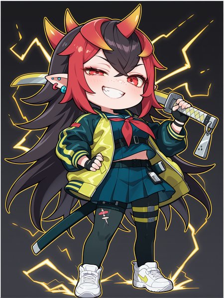 you're finished, oni girl, 1girl, solo, katana, holding katana, sword over shoulder, half-closed eye, smile, freckles, looking at viewer, electricity, lightning, full body, grin, chibi, midriff, ear piercing, yellow jacket, blue serafuku, red neckerchief, blue pleated skirt, black fingerless gloves, black pantyhose, scabbard, white border, yellow sneakers,
masterpiece,best quality,amazing quality,very aesthetic,absurdres,newest,<lora:You're Finished illusXL v1:0.74>,
