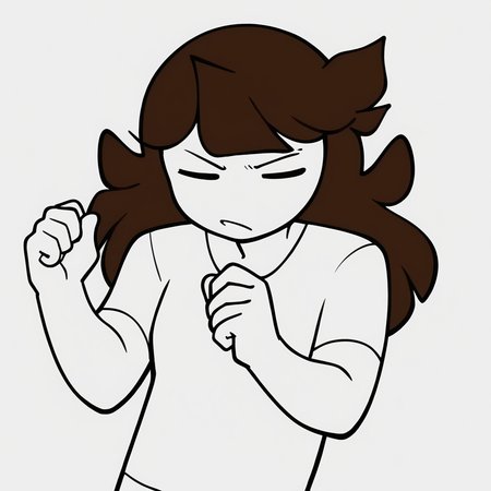 score_9,score_8_up,score_7_up,score_6_up, monochrome, flat color, <lora:Jaiden_Pony-000011:1> , jaiden, 1girl, long hair, bangs, brown hair, white shirt, short sleeves, blunt bangs, solid oval eyes, no nose,