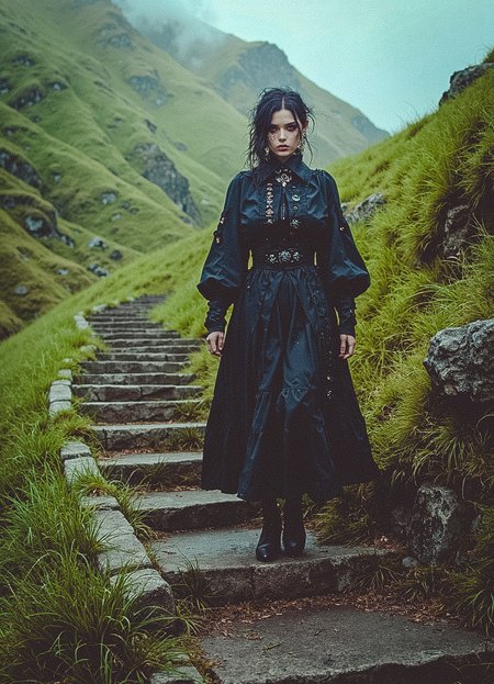 A mysterious woman with piercing red eyeshadow, dark tousled hair walks along a dramatic mountain pathway. Her gothic-inspired black attire, complete with oversized sleeves and metallic earrings, adds a modern, edgy contrast to the ancient stone stairs and the vibrant greenery around her.   The weathered pathway snakes through rolling hills, leading into the mist.   The composition balances the raw power of her presence with the tranquil majesty of the natural surroundings, creating an atmospheric, storybook-like scene.  Extreme emphasize on photorealistic, realistic detail, realistic reflection detail and realistic background detail.

