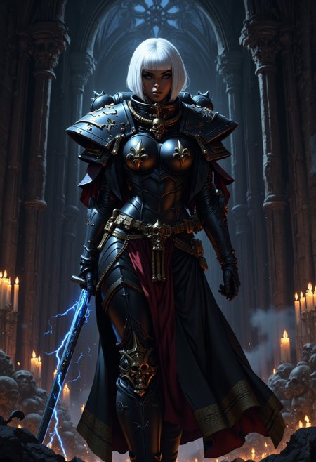 SisB40K, mythp0rt, The image is a digital illustration of a female wearing a SisB40K power armor in a dark and ominous setting. (She is of African descent, she has Dark skin tone, she's a black woman.)  Her irises are black. She has straight white hair styled in a bob and blunt bangs. The woman is holding a glowing sword with a blue lightning bolt striking down from it, and she is looking directly at the camera with a serious expression on her face. The background appears to be an ancient church with candles, skulls with candles melting on top, and arches. The overall mood of the image is dark and foreboding. <lora:Skin Tone Slider flux v1:2>