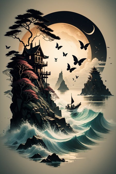 <lora:Calligraphy-ink-style-darquelilly-v1:1> calligraphyinkstyle, fairies swirling around, butterflies, volumetric lighting, night time, sea of lowers, moonlight black background