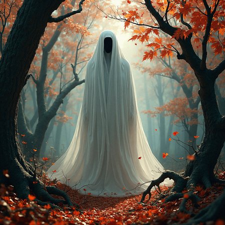  a highly detailed and realistic ghostly scene in an ancient forest bathed in autumn hues. The ghost is draped in a flowing white cloak, which covers it entirely, leaving only deep black eyes and a small, shadowed mouth visible. The forest is filled with twisted, gnarled trees, their branches bare except for scattered red and orange leaves, which add vibrant splashes of color against the spectral figure. The trees' bark is textured and aged, telling tales of time, while the background bathes the scene in warm tones of red, orange, and brown. The ghost appears to float gently above the forest floor, with shadows subtly cast by the soft, diffuse light that filters through the trees, adding depth and an eerie tranquility. The scene feels like a fleeting glimpse into an enchanted, melancholic world, where the ghost silently inhabits the quietude of the autumn woods.