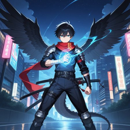 score_9, score_8_up, score_7_up, score_6_up, highly detailed, masterpiece, best quality, detailed, intricate details, amazing quality, best aesthetic, absurdres, source_anime, male focus, 1boy, red scarf, bodysuit, shoulder armor, armor, legs apart, fishnets  belt, tassel, sheathed, katana, bandaged arm, black hair, blue eyes, male focus, yellow scarf, tattoo, short hair, magic, wind and lighting magic, dragon tail, feathery wings, skyscraper, neon light, starry, edge, tile, outdoor, cloud, masterpiece, best quality, ultra-detailed, illustration, an extremely delicate and beautiful, beautiful detailed eyes,unity 8k wallpaper, high resolution, anime CG, official_art,