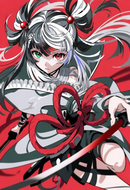 <lora:yoneyamaiXL_il_lokr_V53P1:0.95> 1girl, heterochromia, solo, red eyes, red background, white hair, long hair, looking at viewer, multicolored hair, black hair, weapon, bangs, green eyes, hair ornament, grey hair