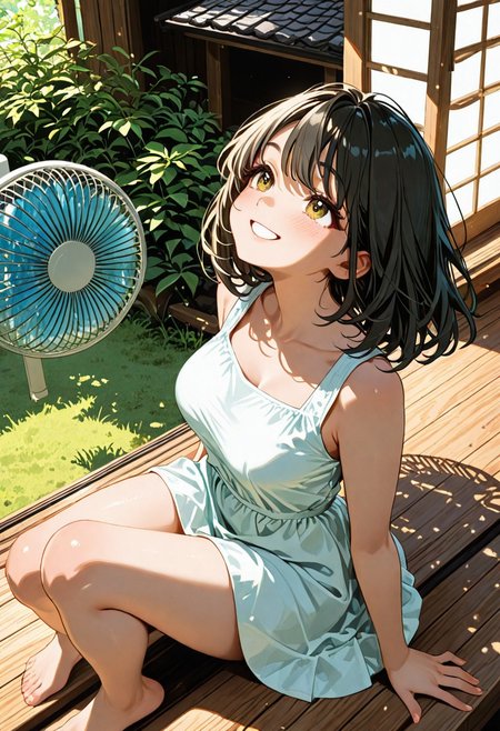 score_9, score_8, score_7, best quality, masterpiece, ultra-HD, aesthetic,1 girl,adult,solo,black medium hair,looking up,happy,smile, ,medium breasts,white short sleeveless dress,bare feet,BREAK,sittin on  wooden proch of traditional japanese house,hair flowing wildly,electric fan on wooden proch,classic japanese architectural elements,wooden pillars,shoji paper doors,sloped tiled roof,lush green landscape beyond proch,sunlight,dappled shadows,clear weather,BREAK,knees togehter,feet in air,side above view,close up