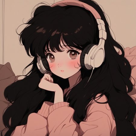 QBBvintage, 1girl, bangs, black hair, blush, brown eyes, closed mouth, earmuffs, headphones, long hair, long sleeves, looking at viewer, solo