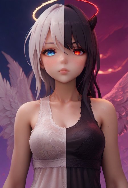 score_9, score_8_up, score_7_up, score_6_up, source_anime, masterpiece,
mythp0rt,
Vicineko, 3d, 
1 girl, 
full body. petite, medium-large breasts, 
SplitScreen, split screen, upper body, <lora:SplitScreen_illusXL_Incrs_v1:1.2>,
1girl,
white hair,
halo,
blue eyes,
angel, 
white dress,
angel wing,
pure, 
adorable,
clear sky, clouds,
SplitScreen, split screen, upper body, <lora:SplitScreen_illusXL_Incrs_v1:1.2>,
1girl,
black hair,
demon girl,
red eyes,
human,
horns,
demon wing, 
seductive look,
black clothes,
see through clothes,
reddish hell scenery,
