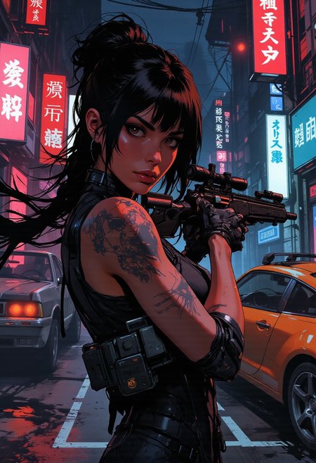 magnificent, closeup portrait, female bounty hunter, braided black hair, futuristic armor, battlesuit, mechanical armor, sleek armor, sexy, curvy, large breasts, large ass, aiming a sniper rifle, sniper rifle, aiming rifle, holstered pistol, Cyberpunk City, Neon Lights, foreshortening,
solo, 
Cowboy Shot, close up, from above,