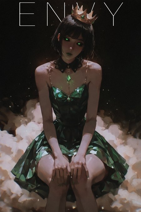 (sabu \(sabudenego\):1.2), (nixeu:0.9), (aleriia v:1.05), (yun ling:1.1), (zuharu:1.2), (guweiz:0.75), realistic, 
newest, masterpiece, highres, year 2024, year 2023, (safe general questionable), ultra-detailed textures, contrast, saturated, (glowing:1.1), 
(emerald \(theme\):1.2), gloom \(expression\), (emerald eyes, glowing eyes,:1.3), (facing viewer:0.5), (head tilt:1.1), sitting holding own knees, looking at viewer, staring, fullt body shot, glamour shot, fashion, 
leaning forward, 1girl, solo, skinny, (narrow waist:1.1), (thick thighs:1.2), half-closed eyes, nose, (emerald lipstick:1.1), (black sclera:1.2), 
royal, envy, crown, royal crown, emerald dress, short dress, aristocratic clothes, detached collar, shiny clothes, emerald jewels, 
simple background, (light particles, dust cloud:1.2), 
<lora:ponyv4_noob1_2_adamW:0.33>, <lora:96YOTTEA-WAI:0.65>, <lora:solipsist:0.45>, <lora:KonyaKarasue-000008:0.35>,