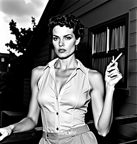 A high-contrast black and white photograph, inspired by Helmut Newton and Peter Lindbergh. A glamorous woman with short, curly hair, wearing a partially unbuttoned sheer button-down shirt tucked into high-waisted trousers. She leans against a railing, cigarette in hand, against a backdrop of cloudy skies, architectural details, and foliage. Shot from a slightly low angle with strong chiaroscuro lighting, creating deep shadows and a dramatic mood. Sharp focus on the foreground with a shallow depth of field. Evoke a timeless, sophisticated aesthetic, reminiscent of classic Hollywood glamour meets raw, unfiltered emotion. Limited grayscale palette, emphasizing texture and form, with a touch of Anton Corbijn's starkness and mood.<lora:_Flux\_Photographer\Helmut_Newton-000001.safetensors:0.8000000000000002:0.8000000000000002>