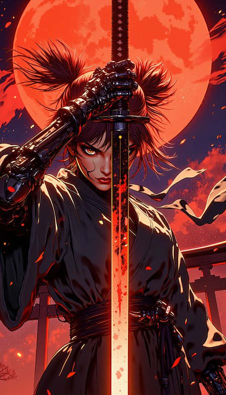 An overhead close-up shot captures the cyborg warrior as she lifts her katana high above her head, the blade dominating the frame and glowing with the crimson light of the red moon. The focus shifts from the sharp edge of the katana to her mechanical jaw and intense eyes beneath her short, double pom-pom hair. Her baggy kimono and flowing scarf add intricate textures to the scene as they ripple in the wind. In the background, blurred out, two mountains and a giant torii gate loom under the red moonlight, with volumetric fog and cyan-red lights creating an otherworldly ambiance
retro cyberpunk anime,
<lora:FluxFantasyWarriorsJapan:0.9>, hkwarrior,
<lora:ImageUpgraderV2:0.5> , detailmaximizer
<lora:RetroAnimeFluxV1:1>
<lora:aidmaGLOWV4wc:0.4> , aidmaGlow,