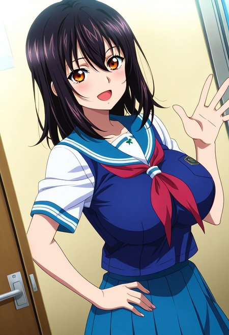 general,highres, ultra-detailed,very aesthetic,best quality ,best hands,best eyes,easynegative,
dynamic anglre, dutch angle, anime cloring,anime screencap,
1girl solo,looking at viewer,open mouth,school,waving hand,smile,hand on hip,
Yukina himeragi,black_hair, amber eyes, huge_breasts,school uniform,