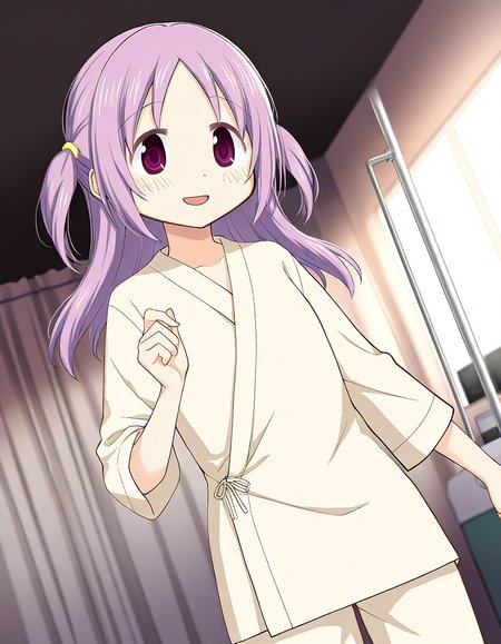 masterpiece, best quality, newest, absurdres, highres, safe, 1girl, misono karin \(hospitalized costume\), magia record: mahou shoujo madoka magica gaiden, beige hospitalized costume, beige pants, solo, hospital, dutch angle, <lora:misono_karin_noobaiXLNAIXL_vPred10Version:0.7>